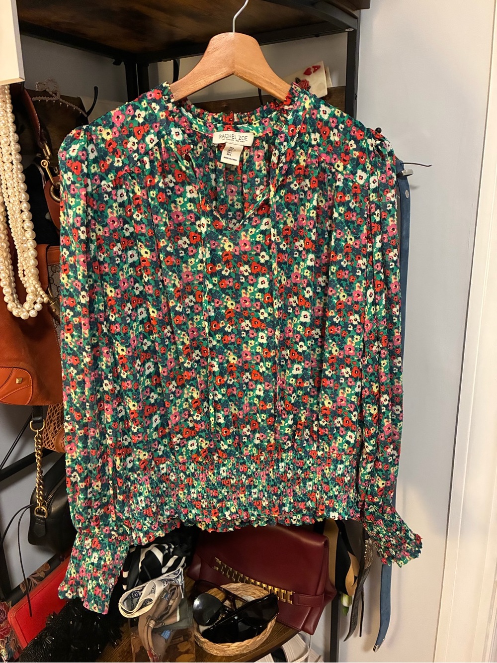 Rachel Zoe Green Multicolor Floral Smocked-Hem Blouse